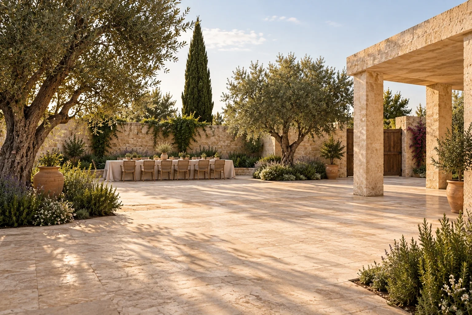 An open limestone courtyard has two olive trees, a cypress and a long linen table along the far wall.