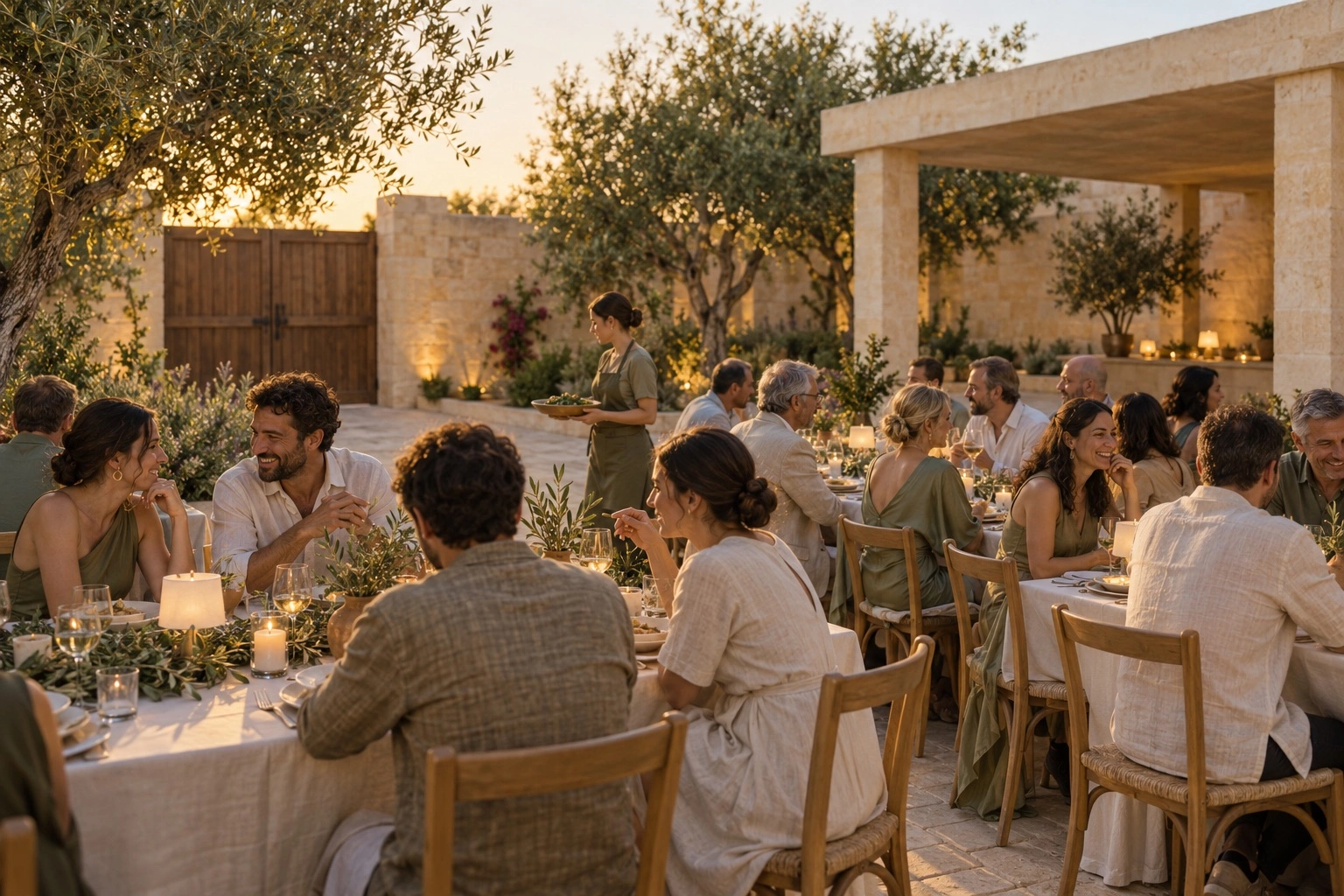 Guests sit around linen-covered wedding tables beside the stone pavilion.