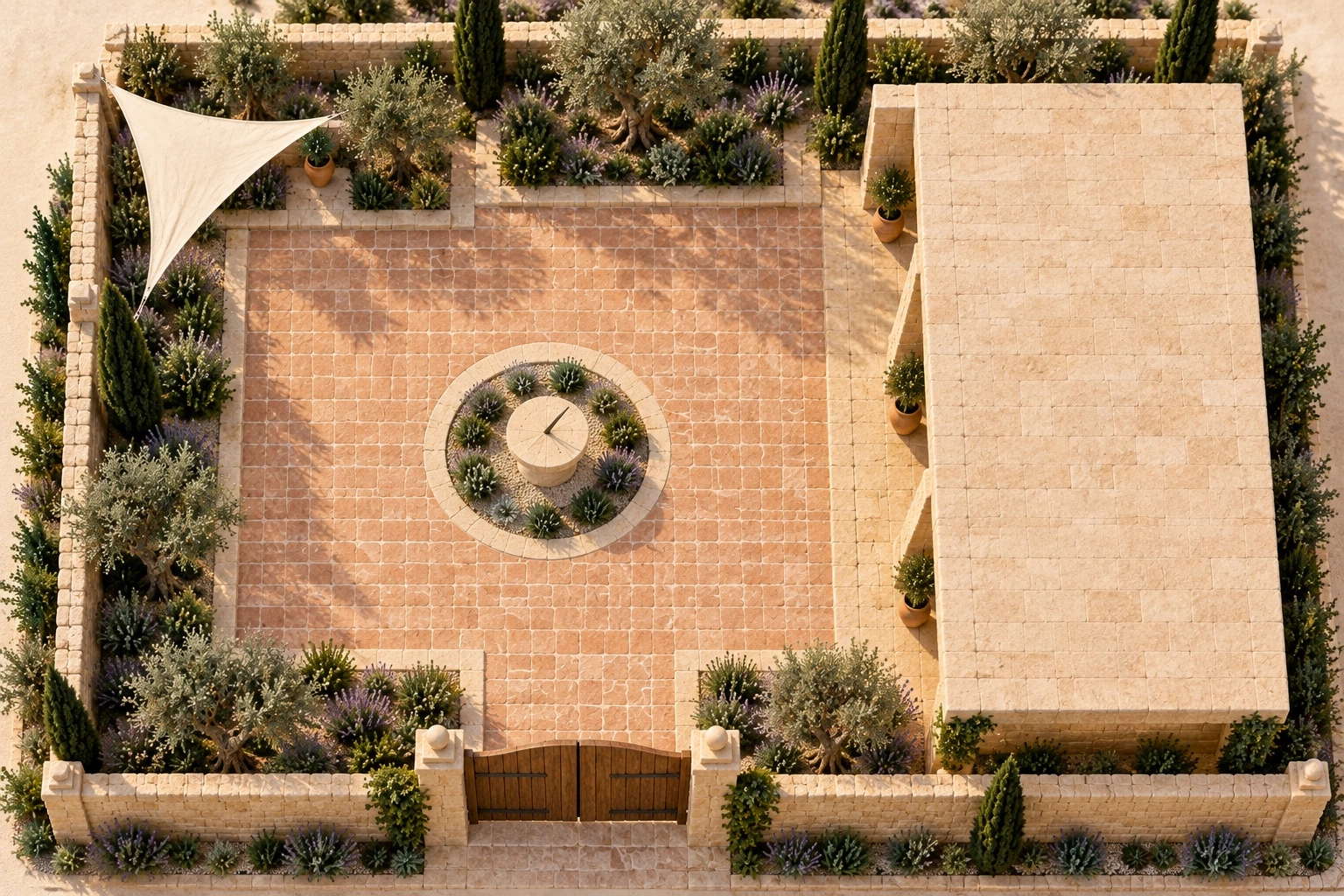 An illustrative aerial model shows the courtyard, pavilion and surrounding garden.