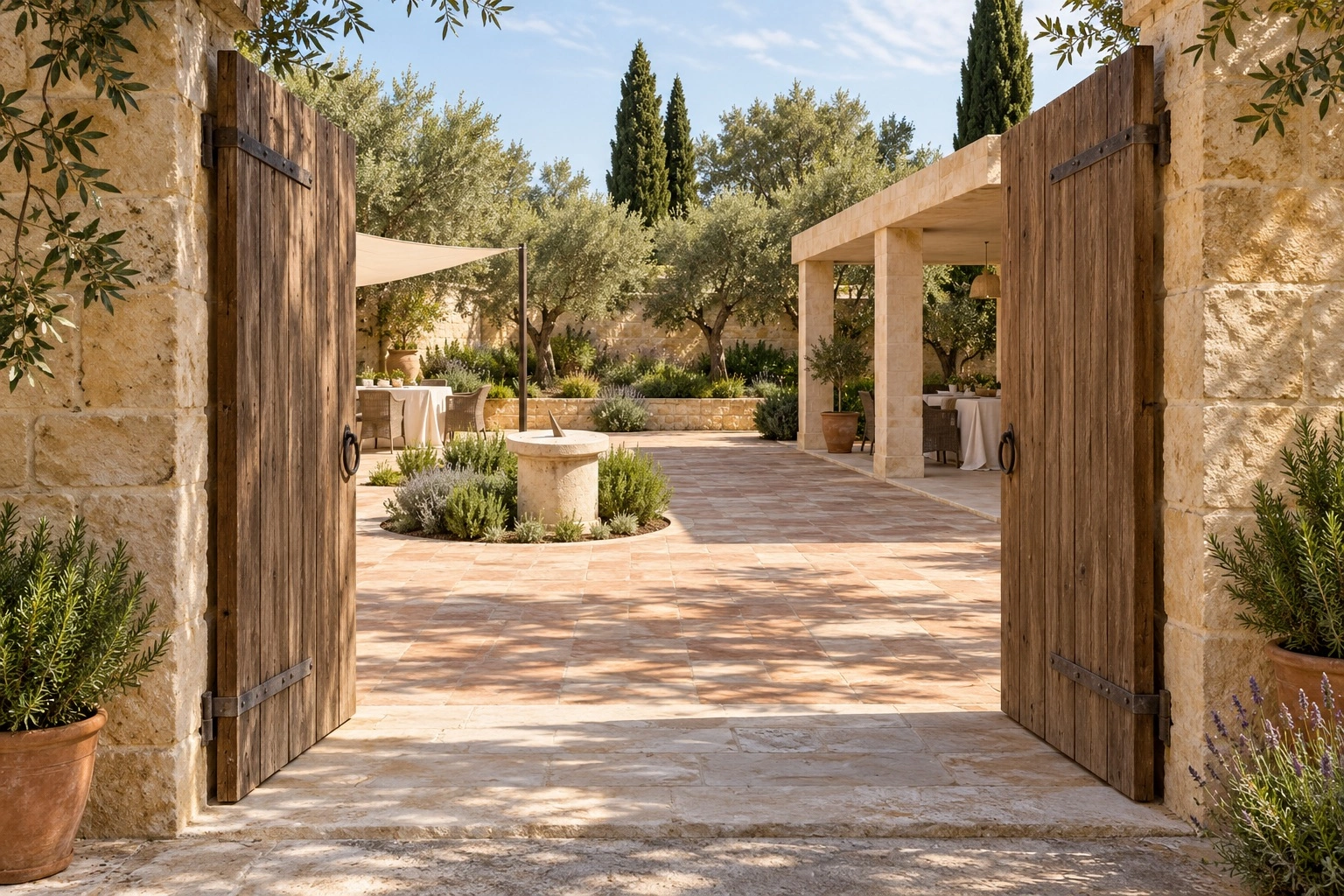Open timber gates lead into the limestone courtyard and pavilion garden.
