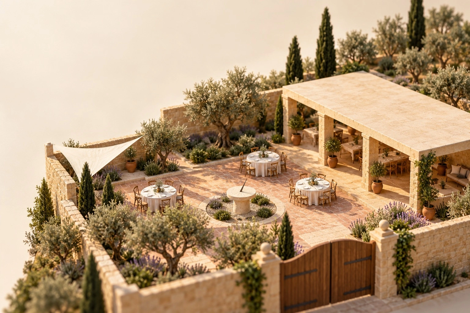 Illustrative model of a walled limestone courtyard and an open-sided pavilion, set with round tables for a seated event.