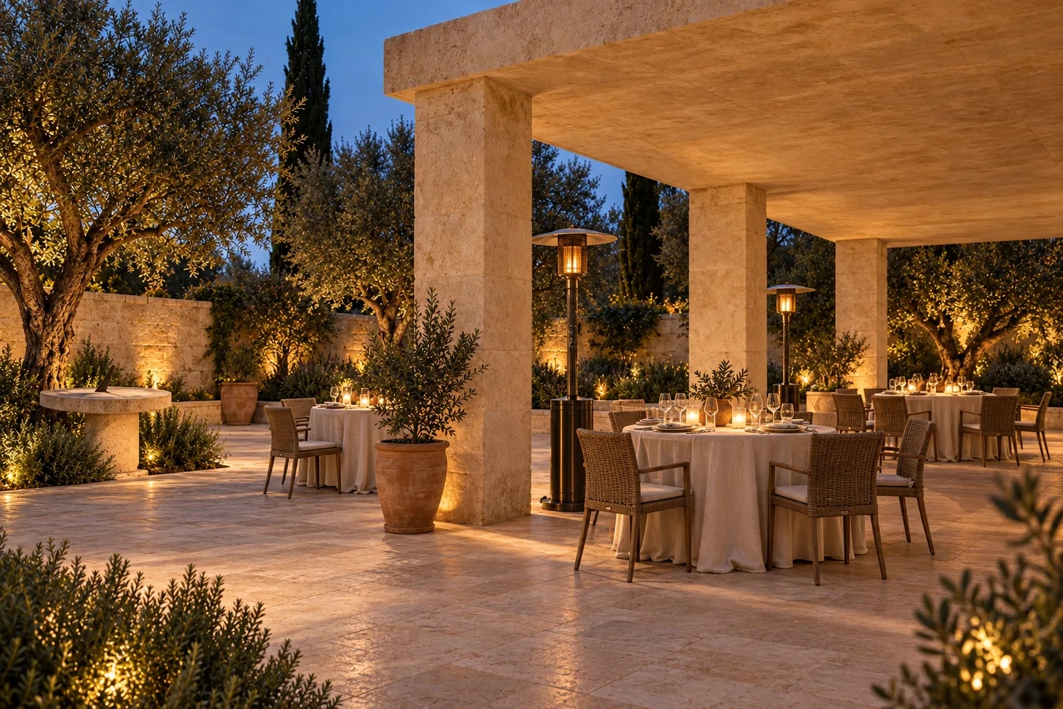 Glowing patio heaters warm set linen tables beneath the pavilion against a dark winter garden.