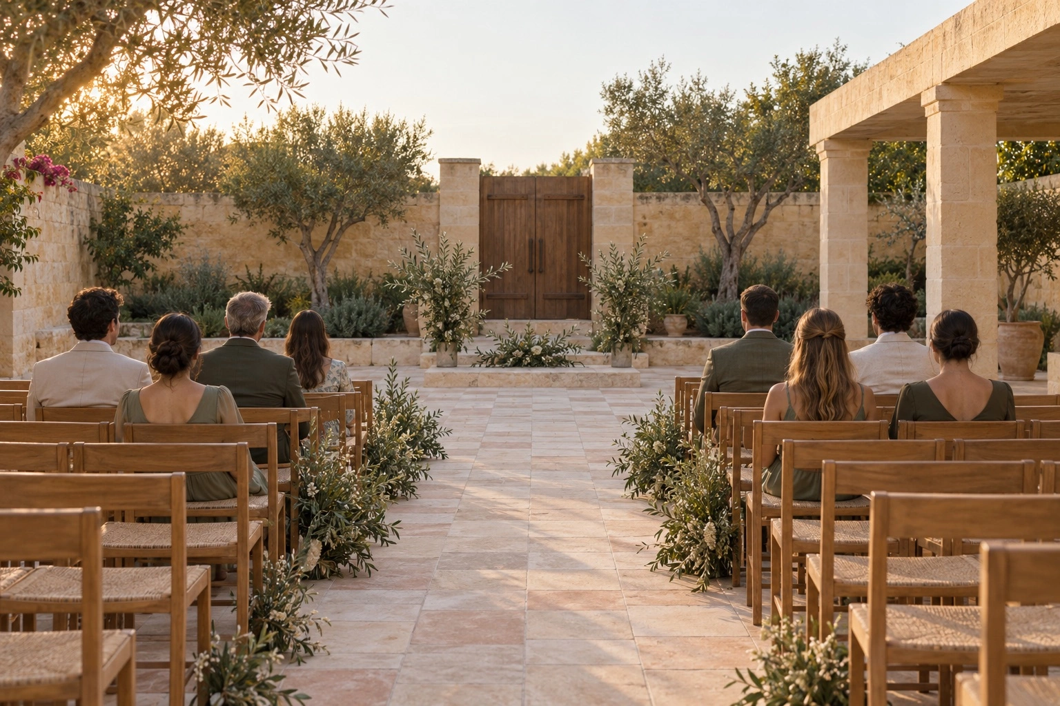 Wooden ceremony chairs face an olive-decorated focal point in the limestone courtyard.