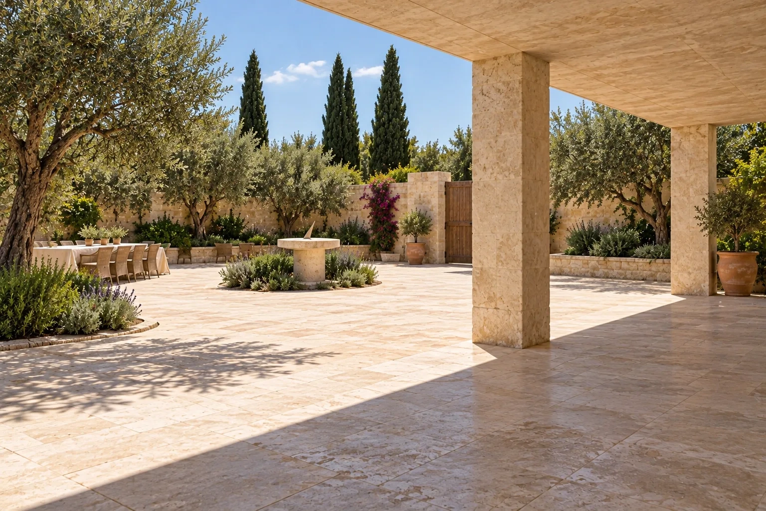 A sharp line divides sunlit courtyard paving from shade beneath the stone pavilion.