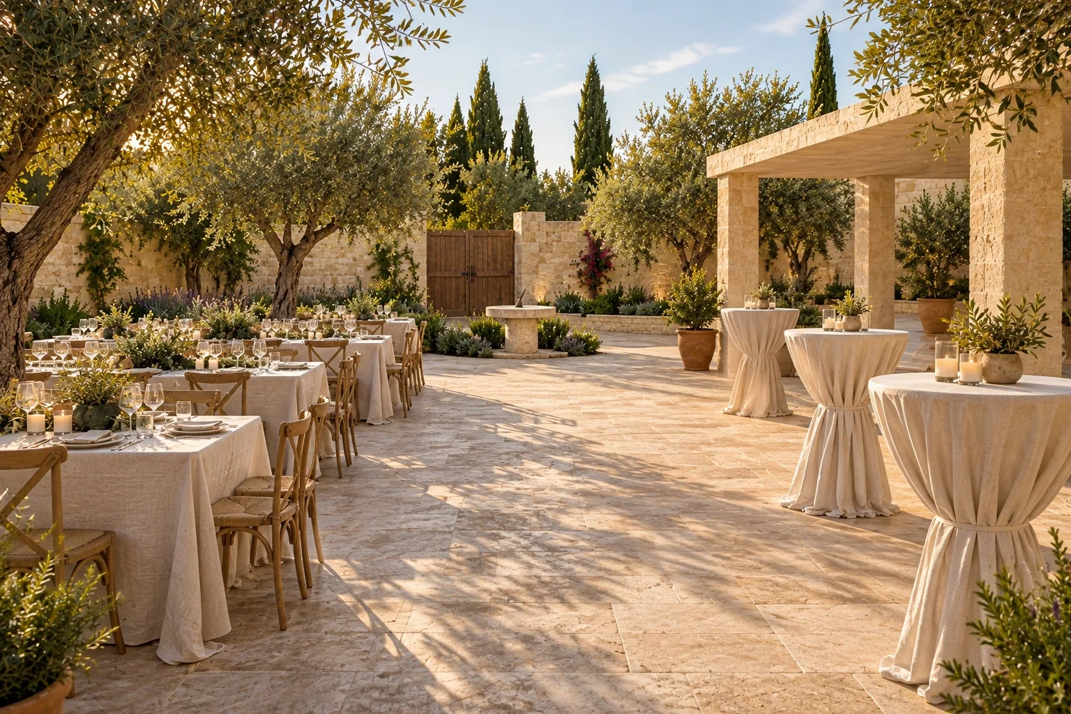 Seated linen tables on the left and standing cocktail tables on the right share one sunlit courtyard.
