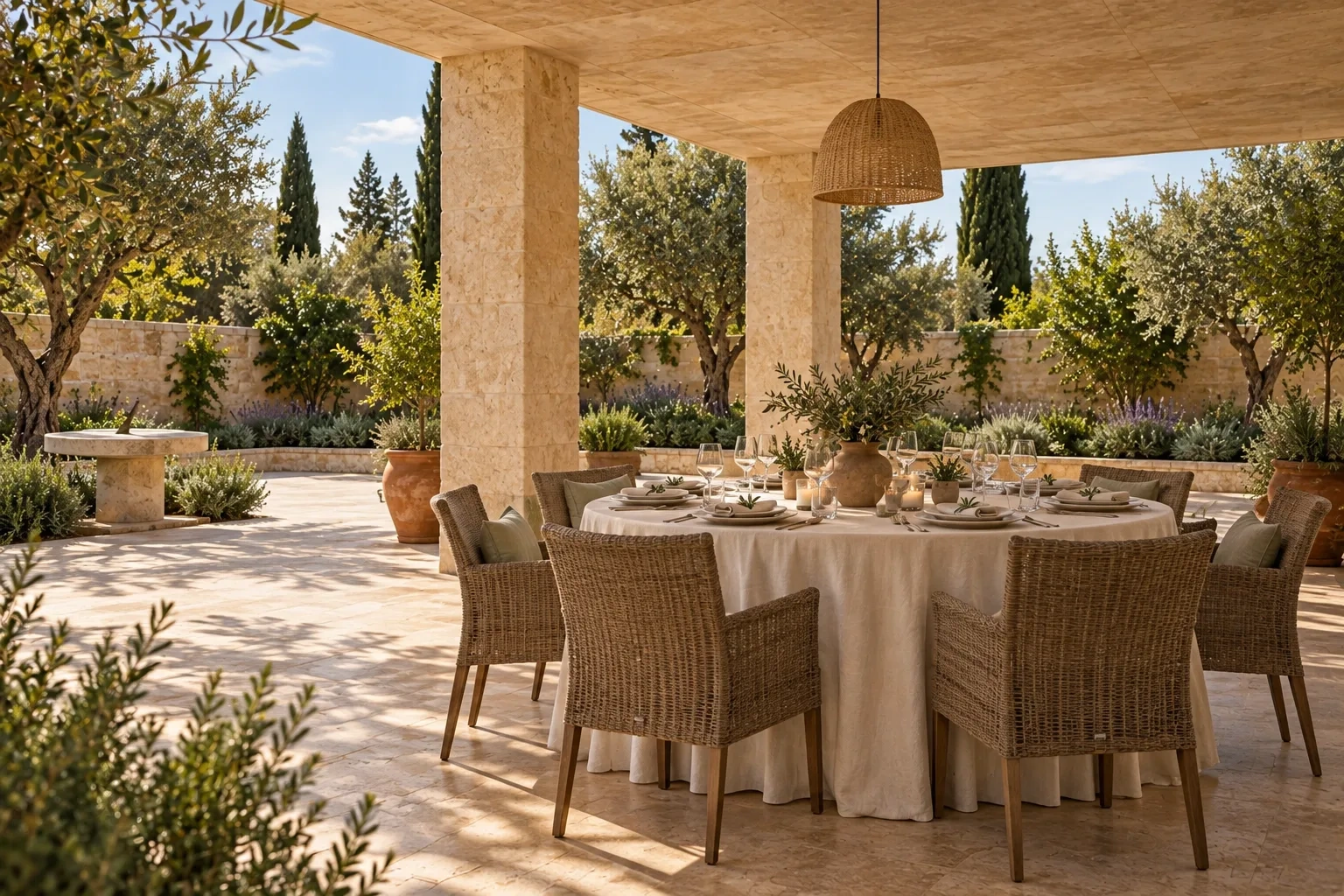 A round linen-covered table with plain glassware and olive sprigs sits beneath the open pavilion.