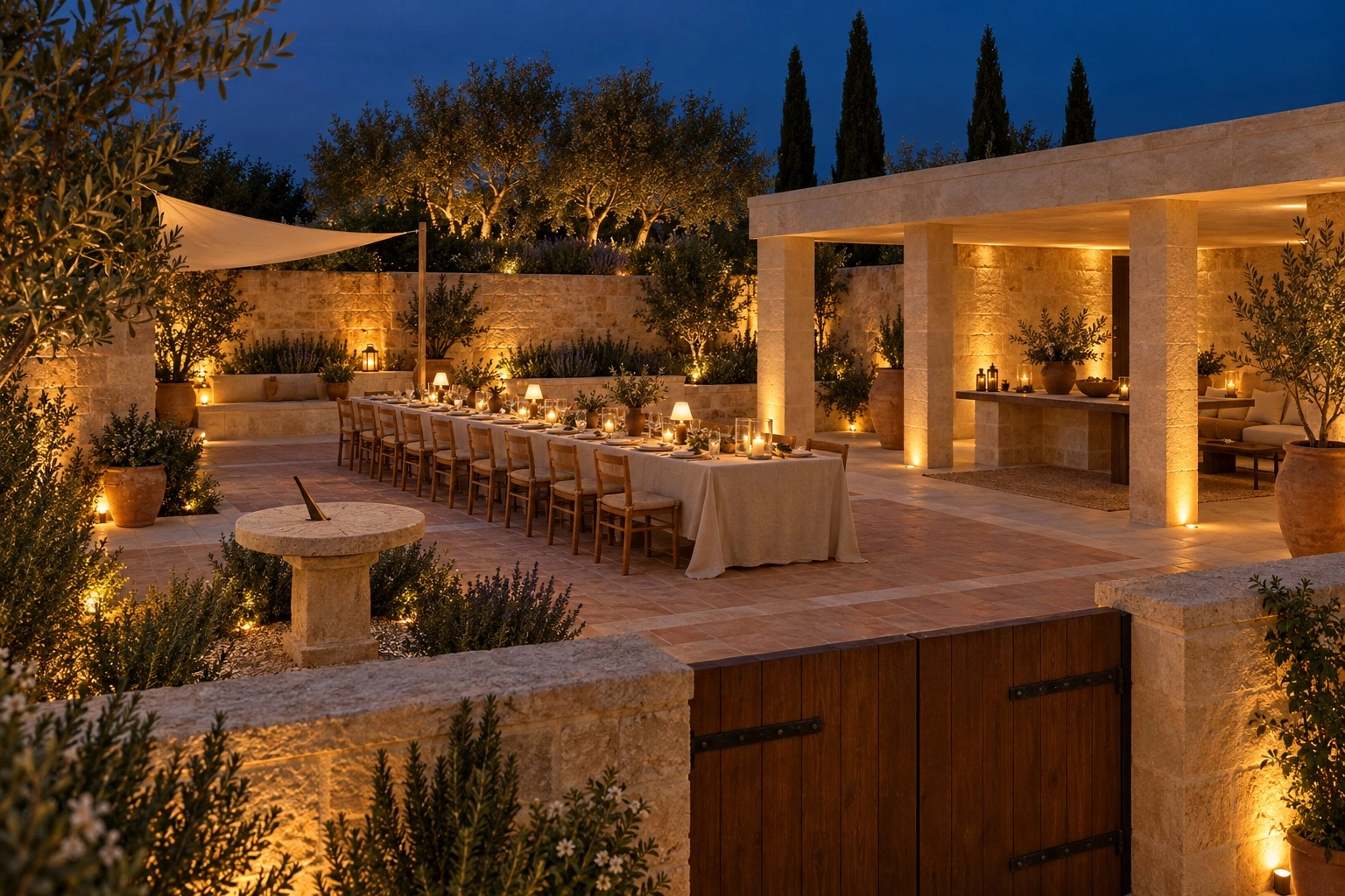 A linen-covered celebration table is set in the garden at evening.