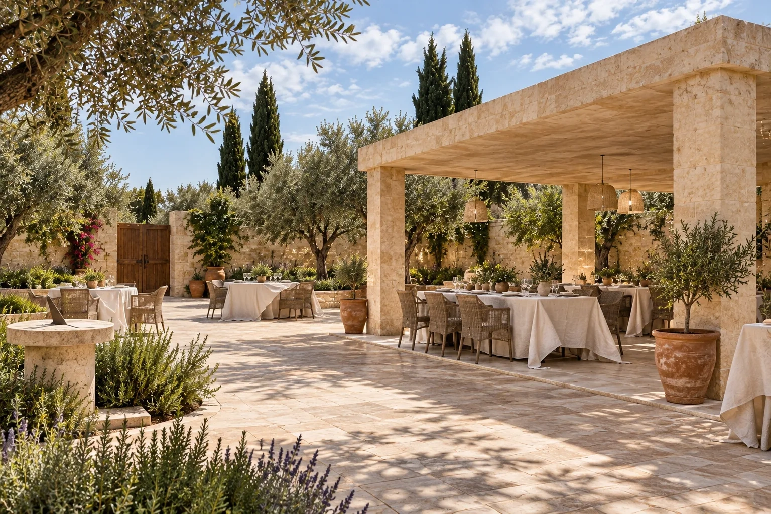 Linen corners lift in a breeze beneath the open stone pavilion under a bright clouded sky.