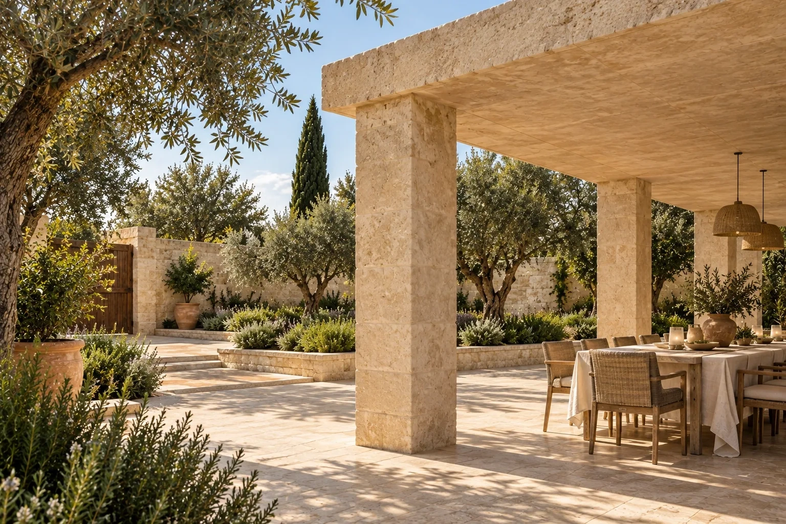 A thick flat limestone roof rests on square columns above shaded paving.