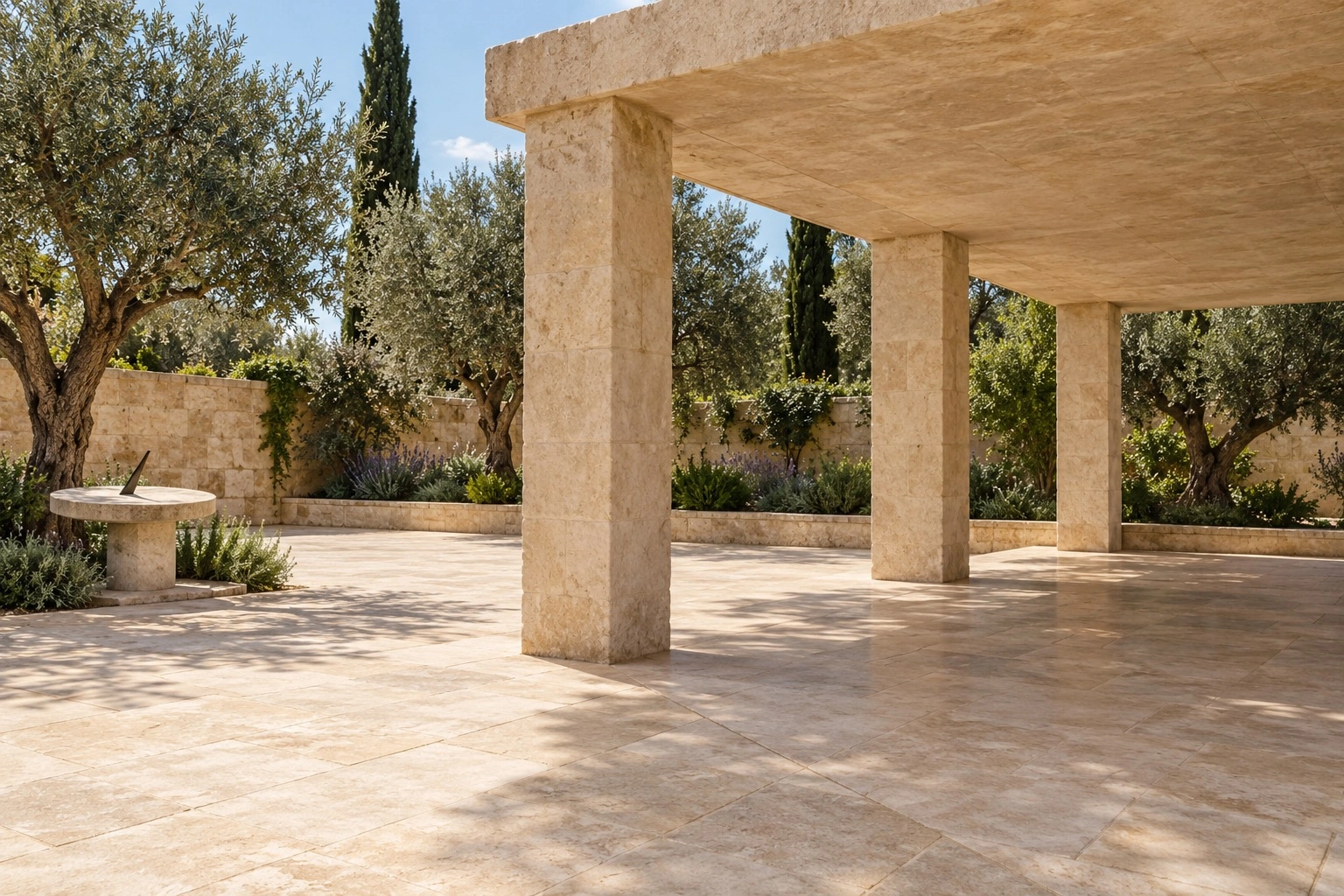 A flat stone pavilion roof rests on square limestone columns beside an olive garden.